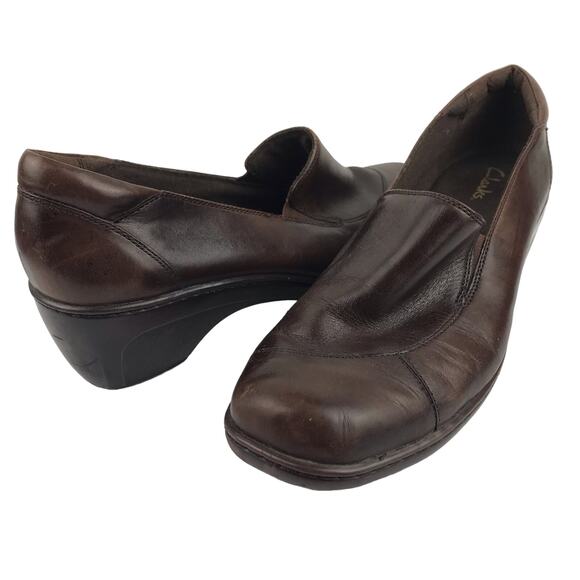 Clarks Brown Leather Loafers Low Block Heel Square Toe Slip On Comfort Womens 11 - Picture 1 of 15